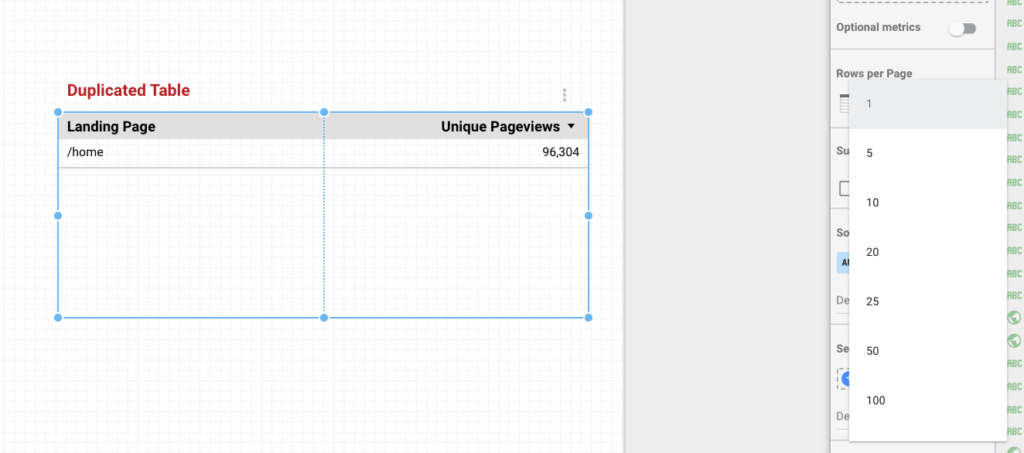 Rows per page limitation - Google Data Studio Table