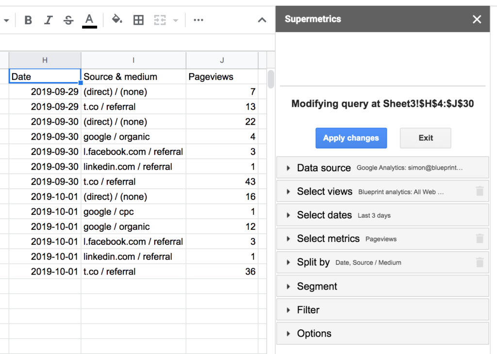 Supermetrics query example