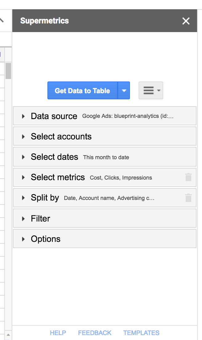 Supermetrics main menu